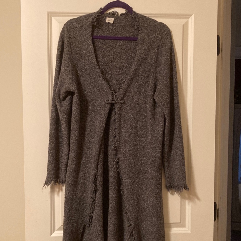 JJill long black/gray marble cardigan with frayed edges